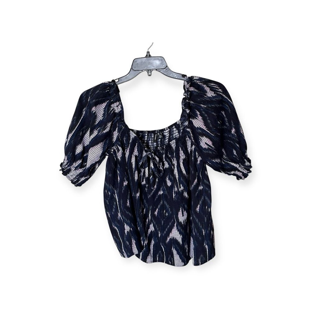 Vero Moda Blue Multicolor Annabelle 3/4 Sleeve Square Tie Neck Top Size Large